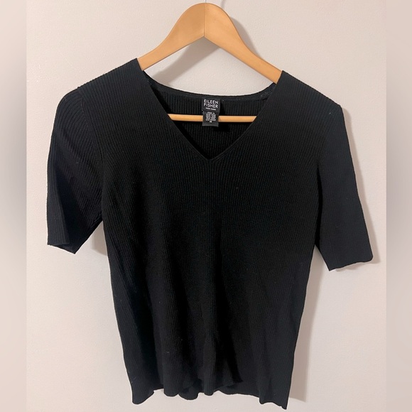 Vintage Eileen Fisher 100% Wool Short Sleeve Ribbed Sweater Tee Black Medium - Picture 1 of 5